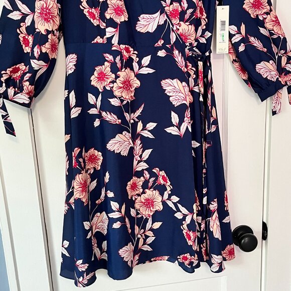 NWT Eliza J navy pink floral faux wrap dress knee length size 8 feminine summer - Picture 7 of 13